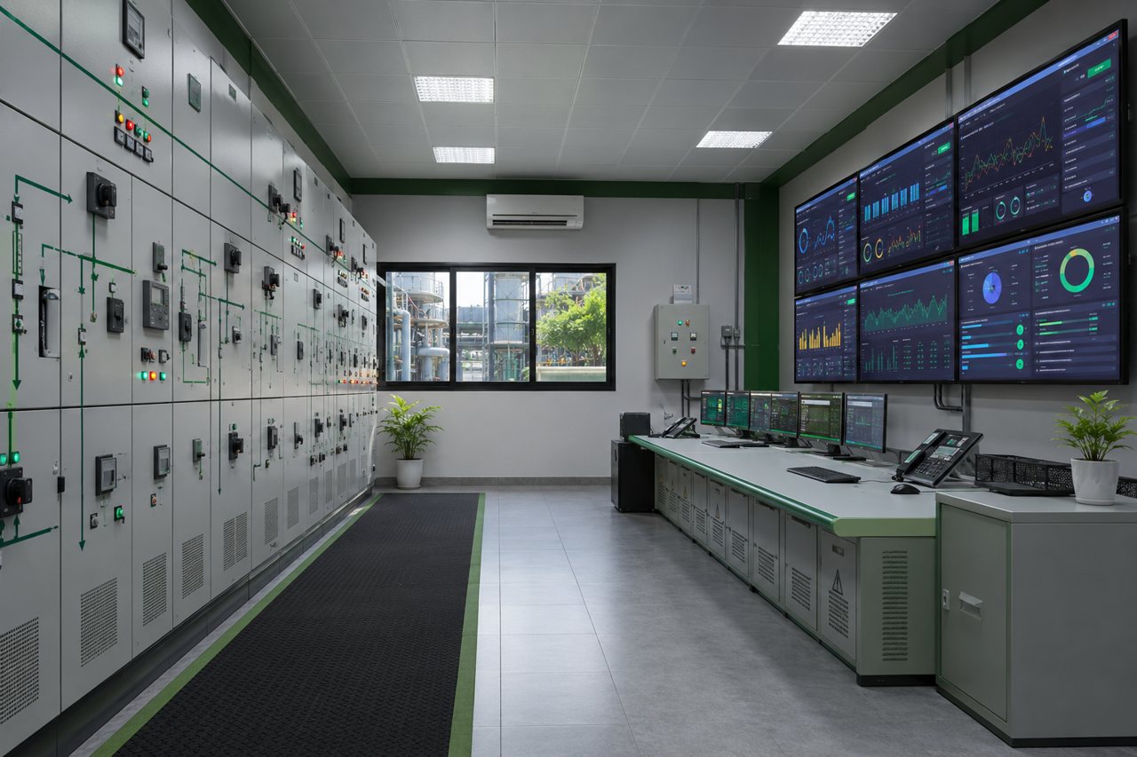 Electrical control room with energy monitoring dashboards