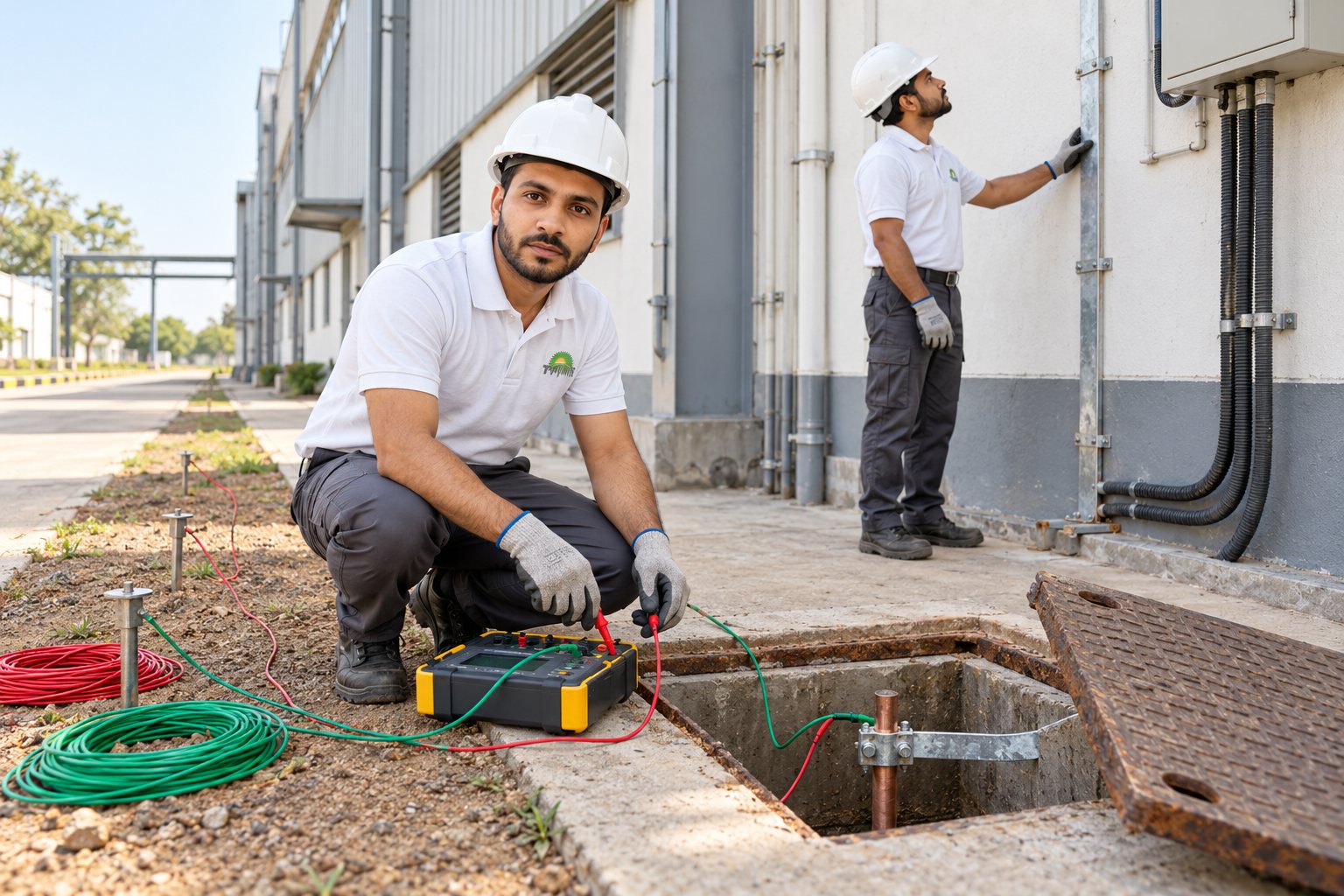 Tajalli Tech engineers testing an earth pit and earthing strip