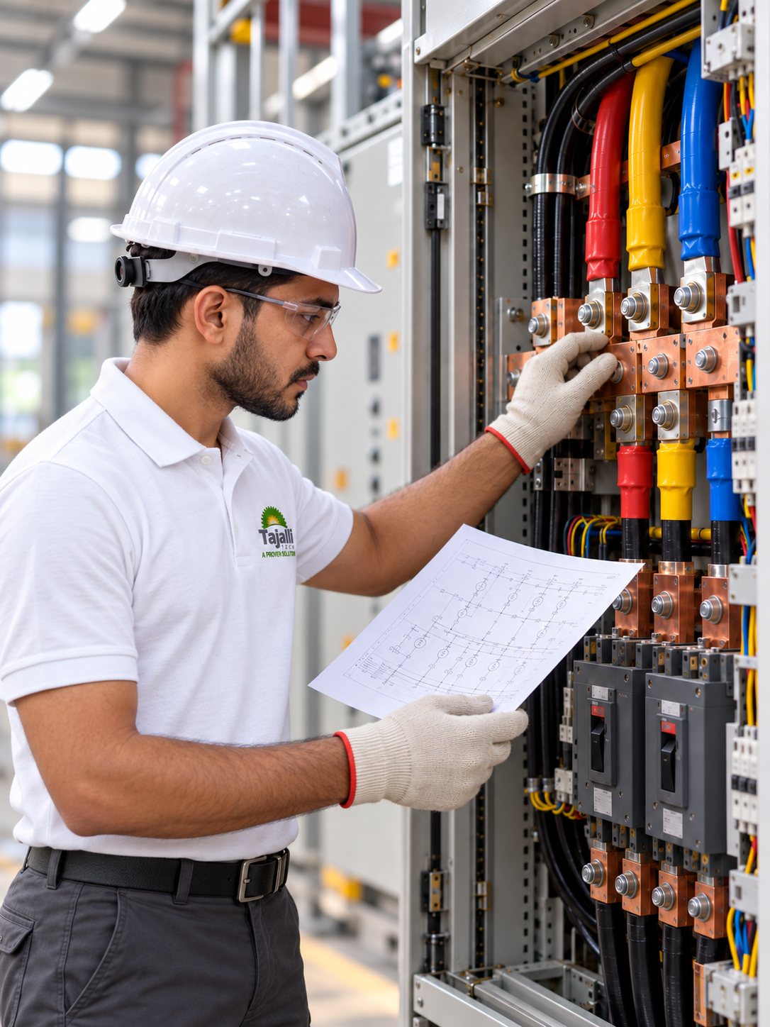 Tajalli Tech engineer inspecting LT panel busbars against a drawing