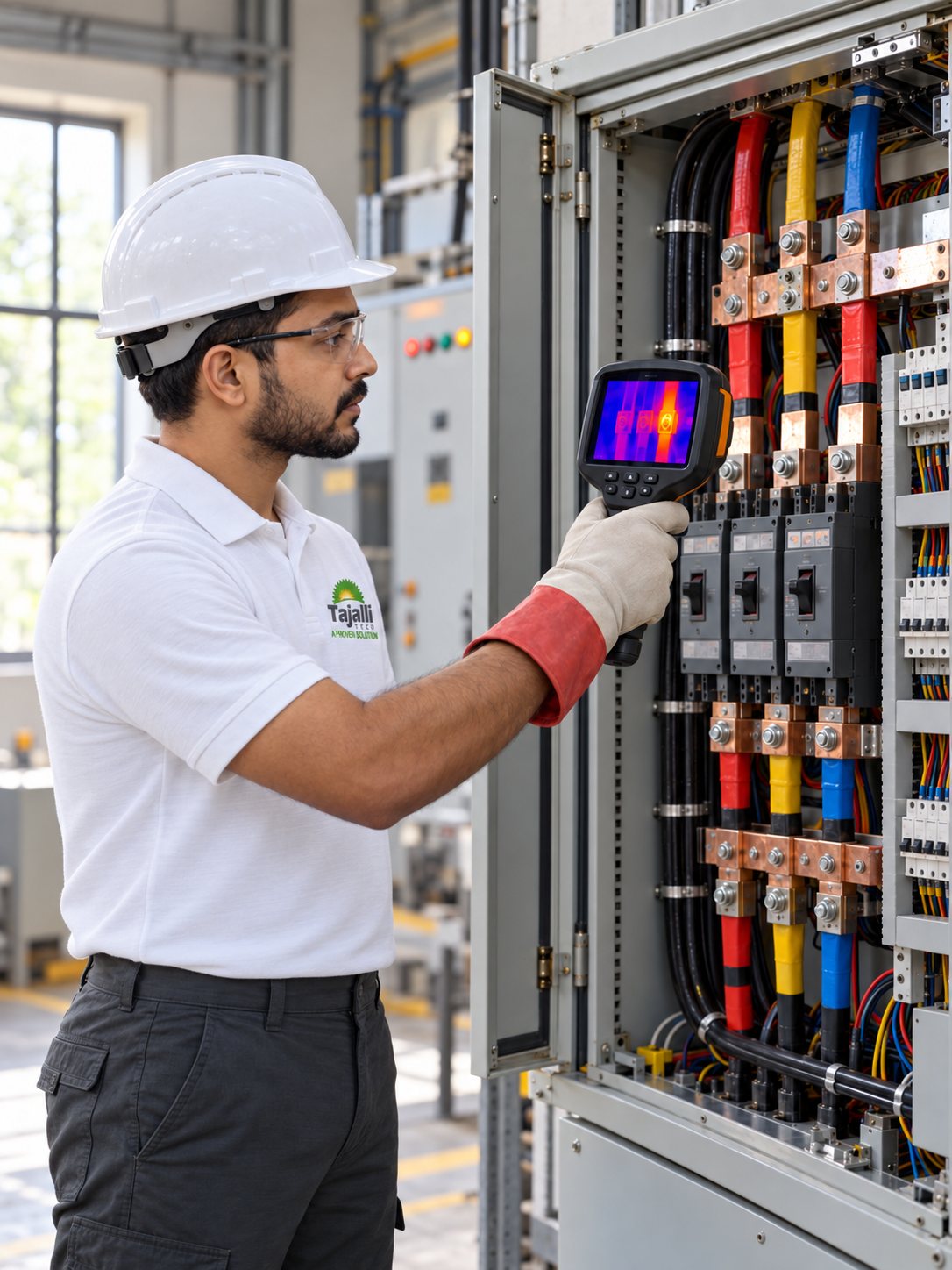 Tajalli Tech engineer doing a thermography scan of an LT panel in Lucknow