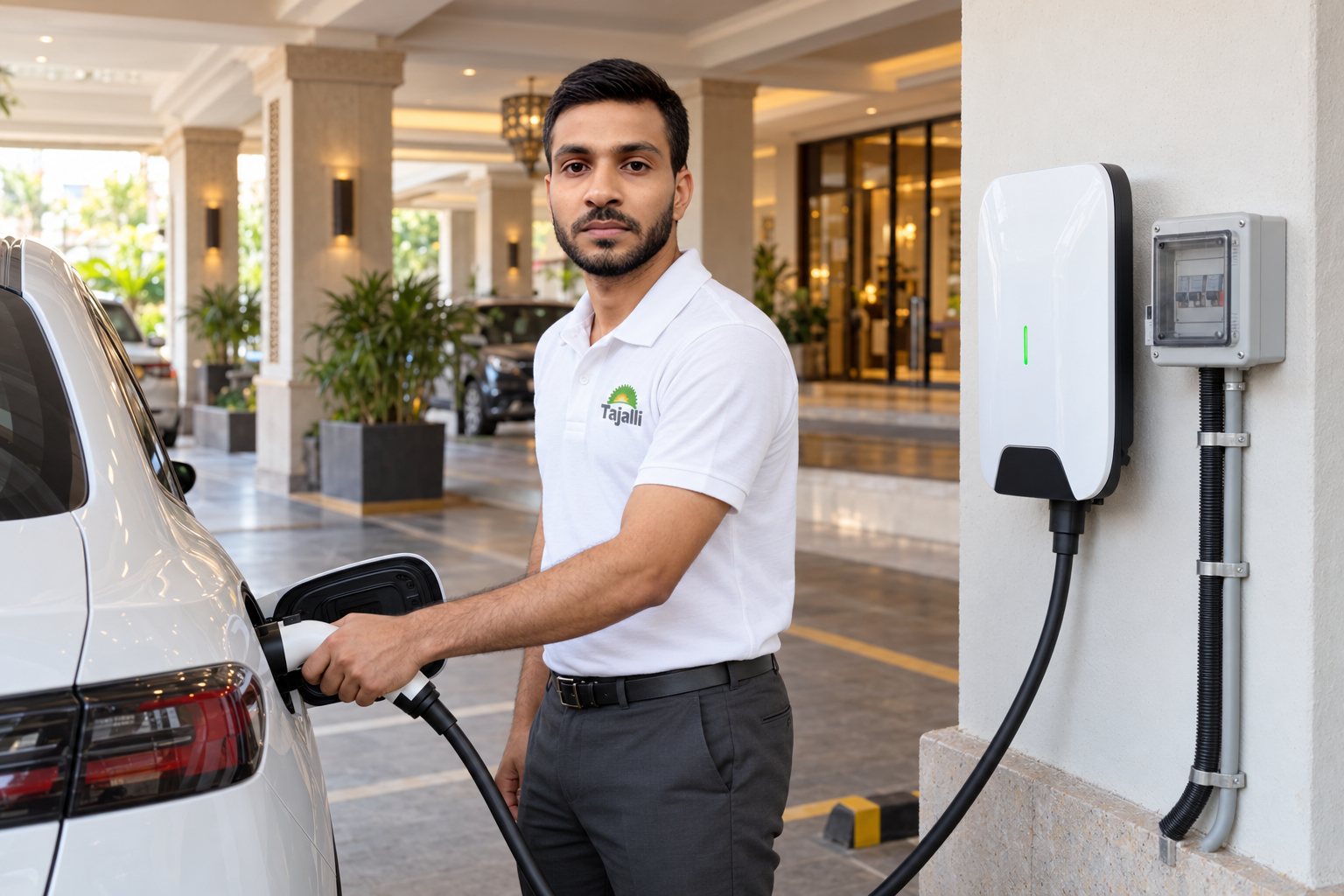 Tajalli Tech engineer installing a wall-mounted EV charger at a hotel in Lucknow