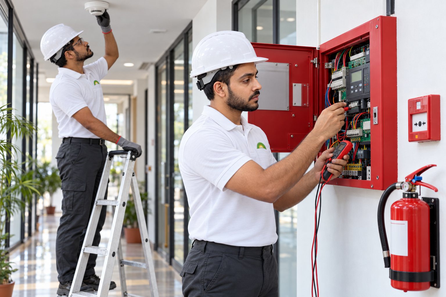 Tajalli Tech engineers testing a fire alarm panel and smoke detector