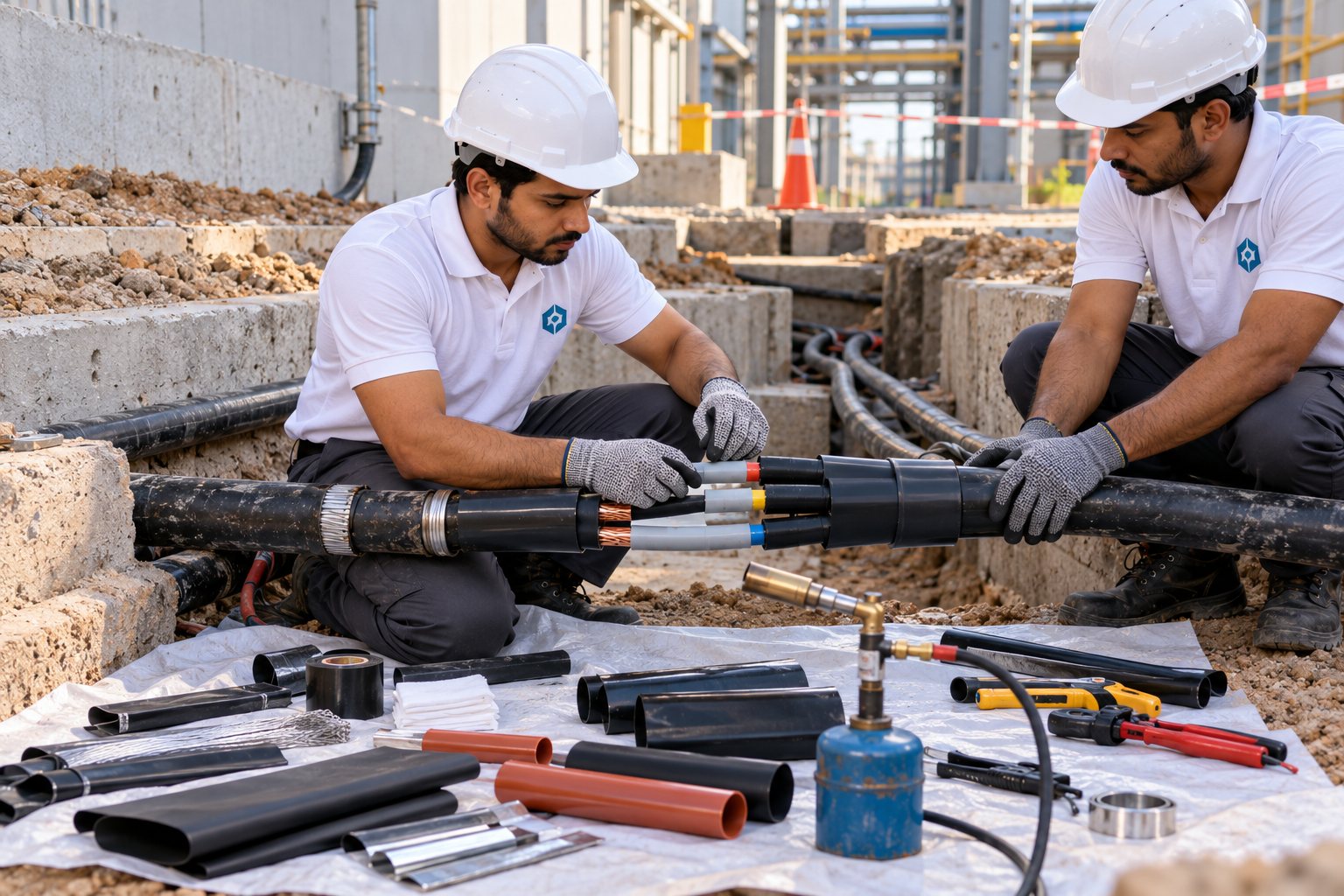 Tajalli Tech engineers making an HT cable joint in a trench