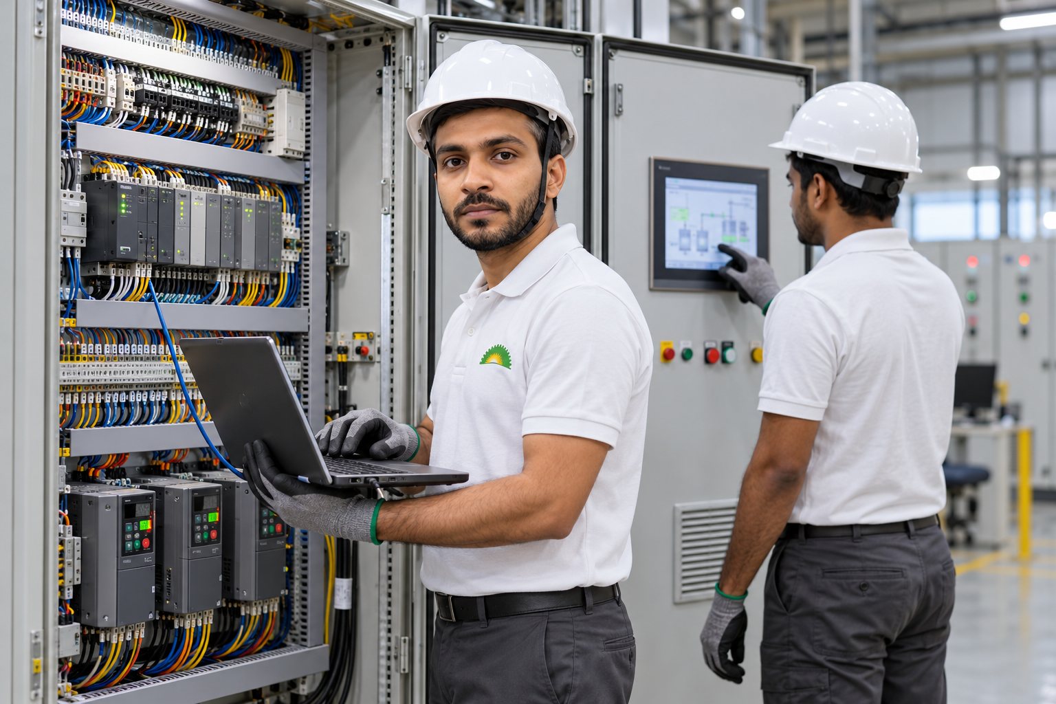 Tajalli Tech engineers commissioning a PLC and VFD control panel