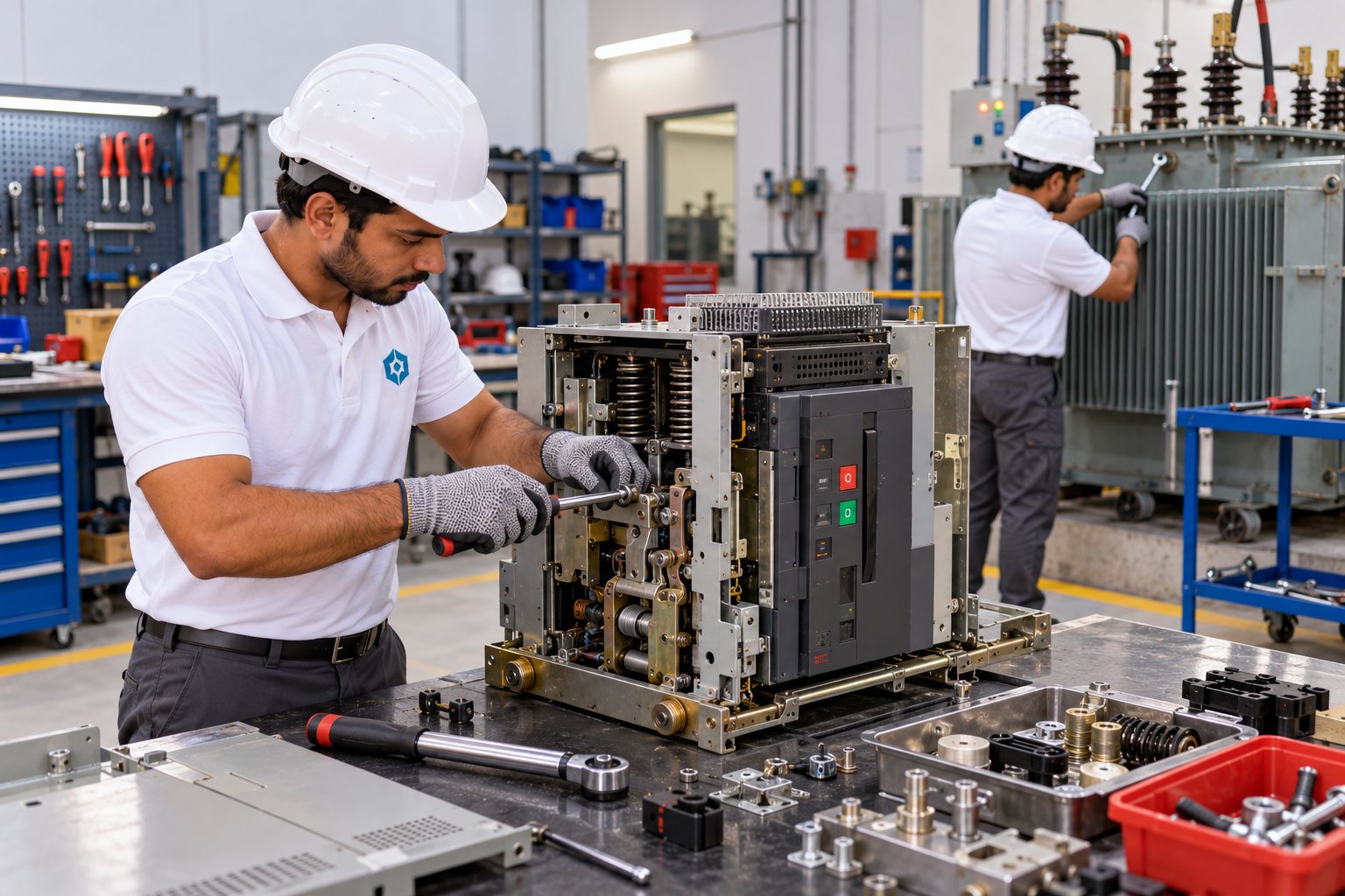 Tajalli Tech engineers overhauling a circuit breaker mechanism and a transformer