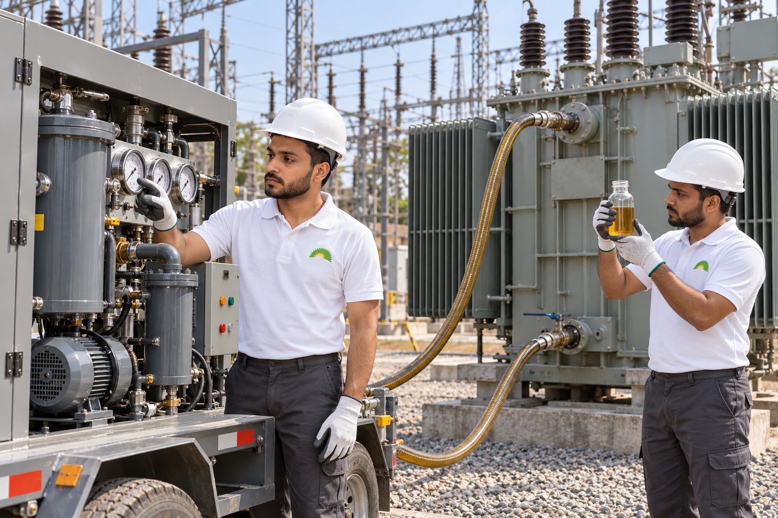 Tajalli Tech engineers running on-site transformer oil filtration